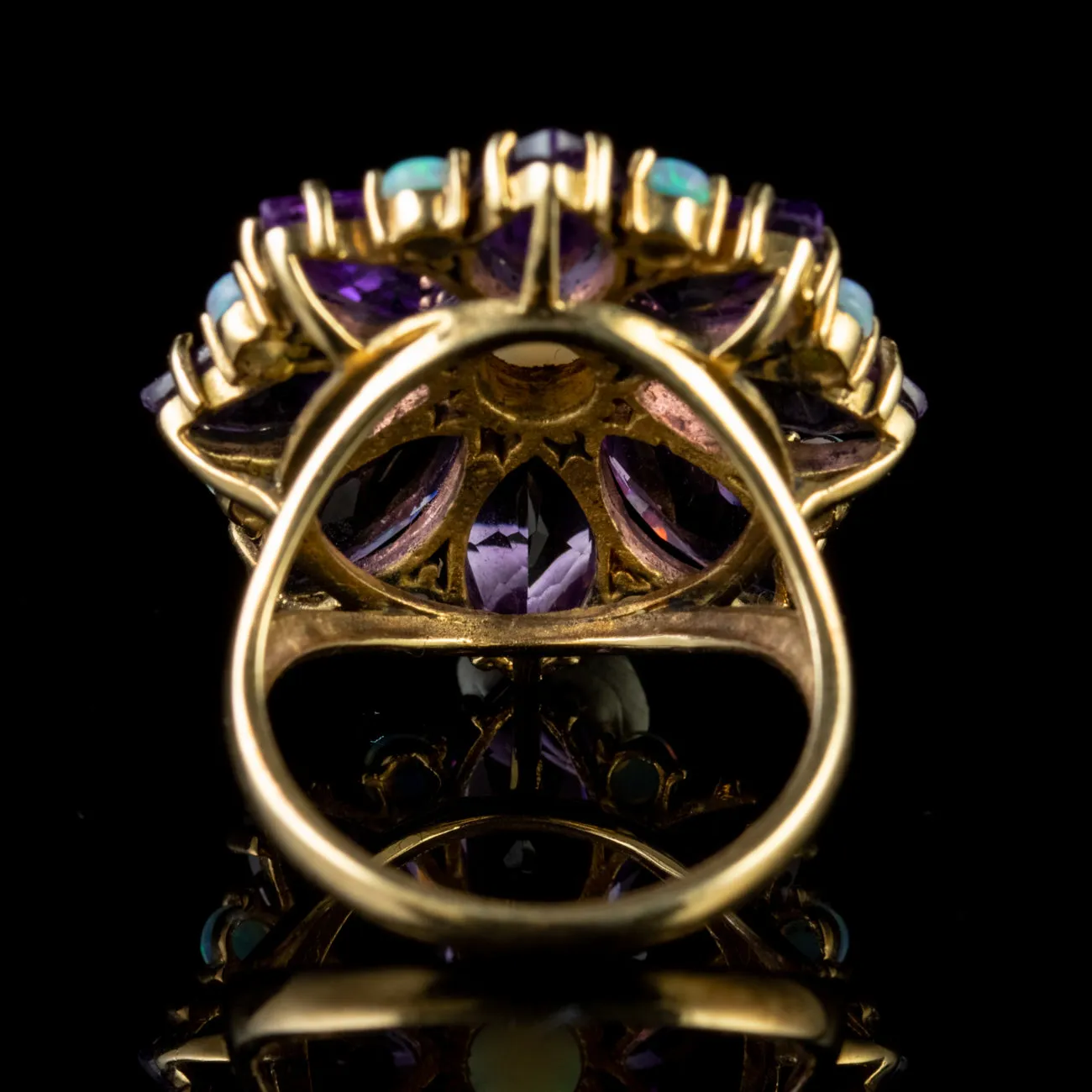 Vintage Amethyst Opal Cluster Flower Ring 9Ct Yellow Gold