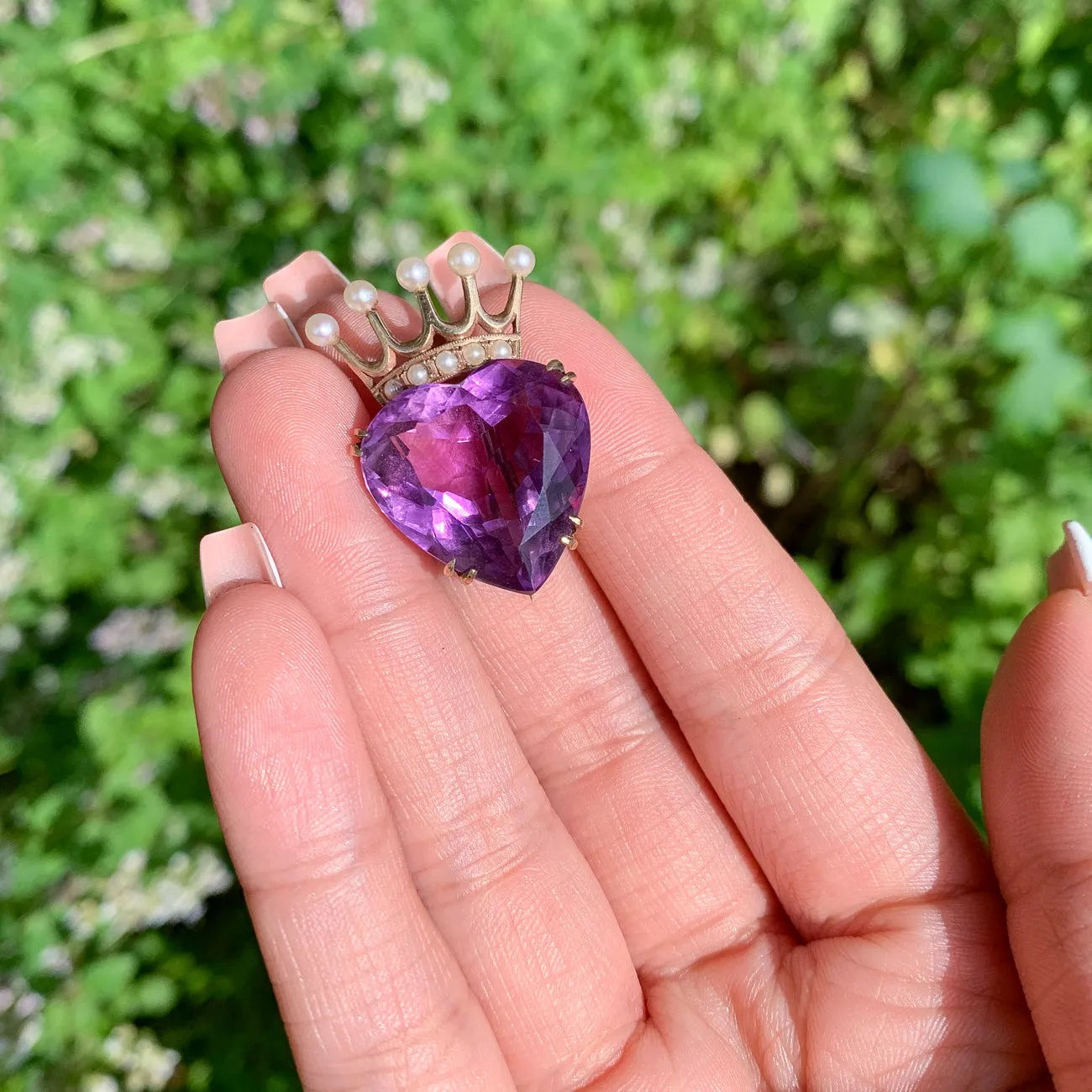 Vintage Luckenbooth Brooch 16ct Amethyst Heart Pearl Crown 9ct Gold