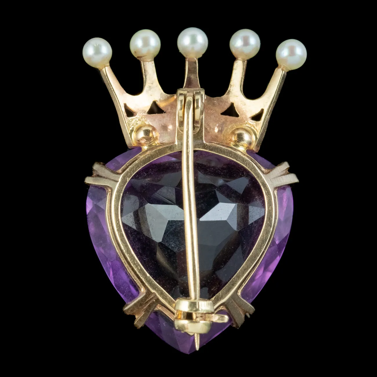 Vintage Luckenbooth Brooch 16ct Amethyst Heart Pearl Crown 9ct Gold