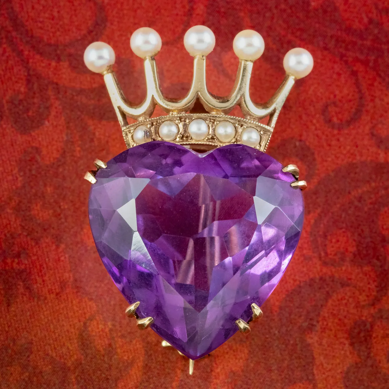 Vintage Luckenbooth Brooch 16ct Amethyst Heart Pearl Crown 9ct Gold
