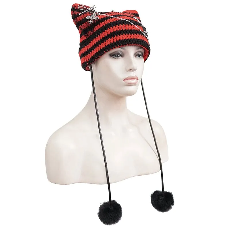 Women's Grunge Striped Pin Car Ears Beanie Red
