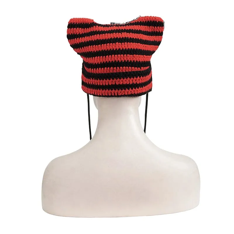 Women's Grunge Striped Pin Car Ears Beanie Red