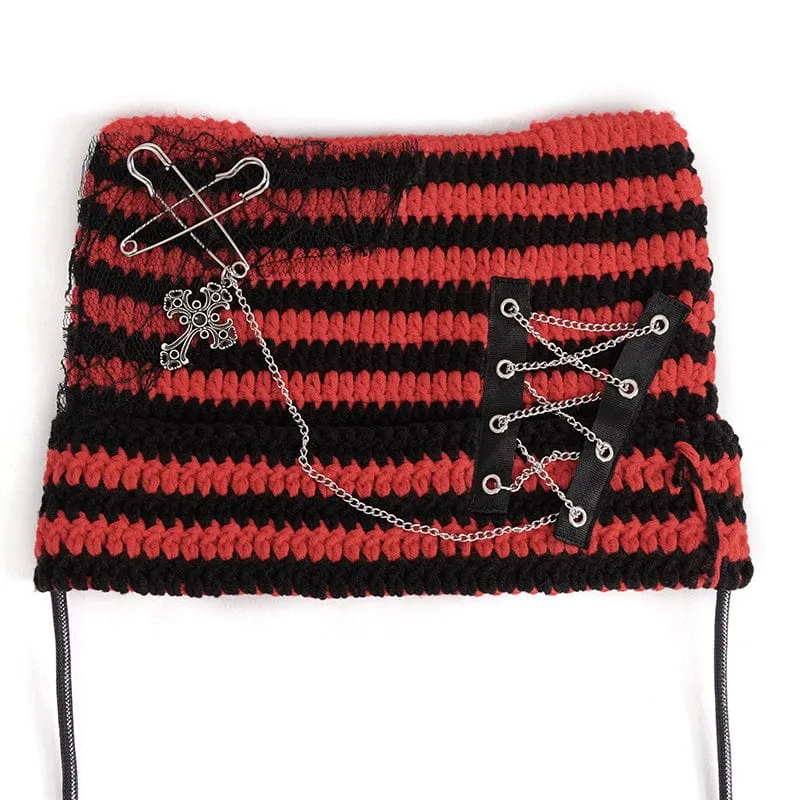 Women's Grunge Striped Pin Car Ears Beanie Red