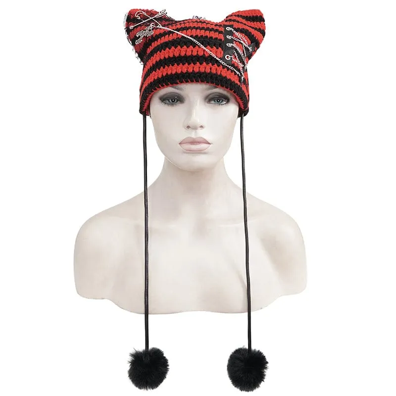 Women's Grunge Striped Pin Car Ears Beanie Red
