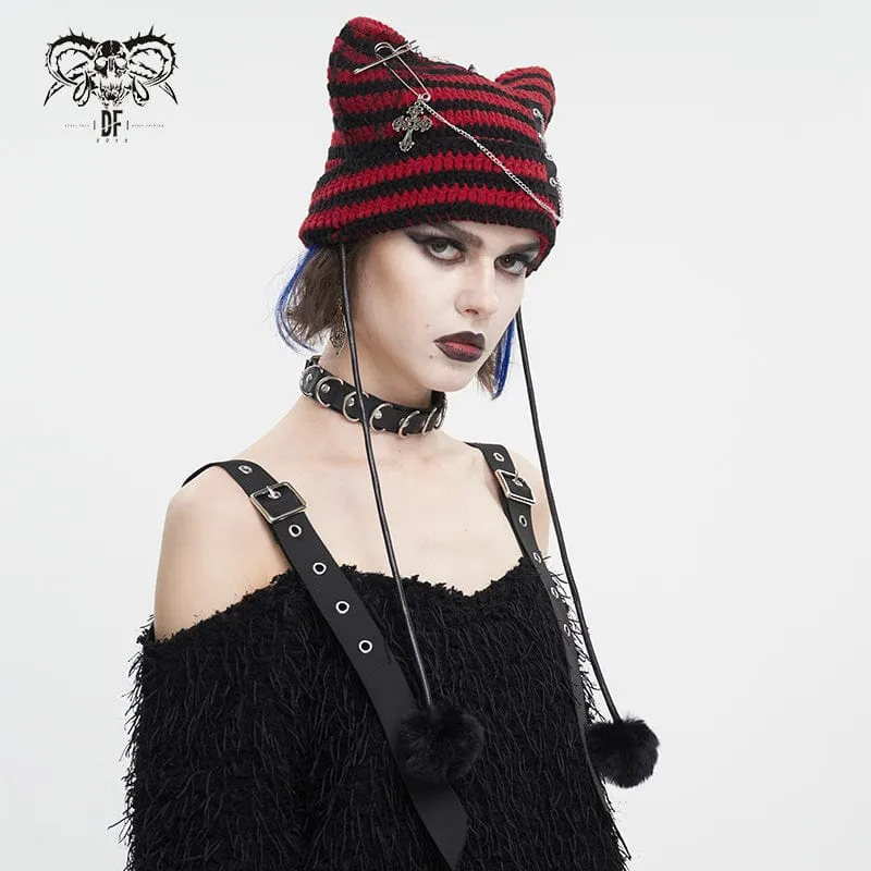 Women's Grunge Striped Pin Car Ears Beanie Red