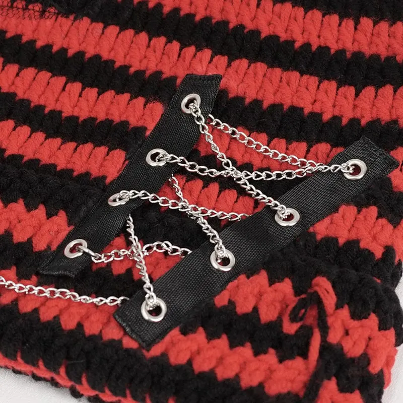 Women's Grunge Striped Pin Car Ears Beanie Red
