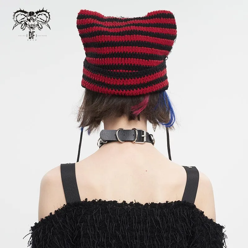 Women's Grunge Striped Pin Car Ears Beanie Red