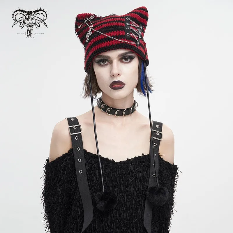 Women's Grunge Striped Pin Car Ears Beanie Red