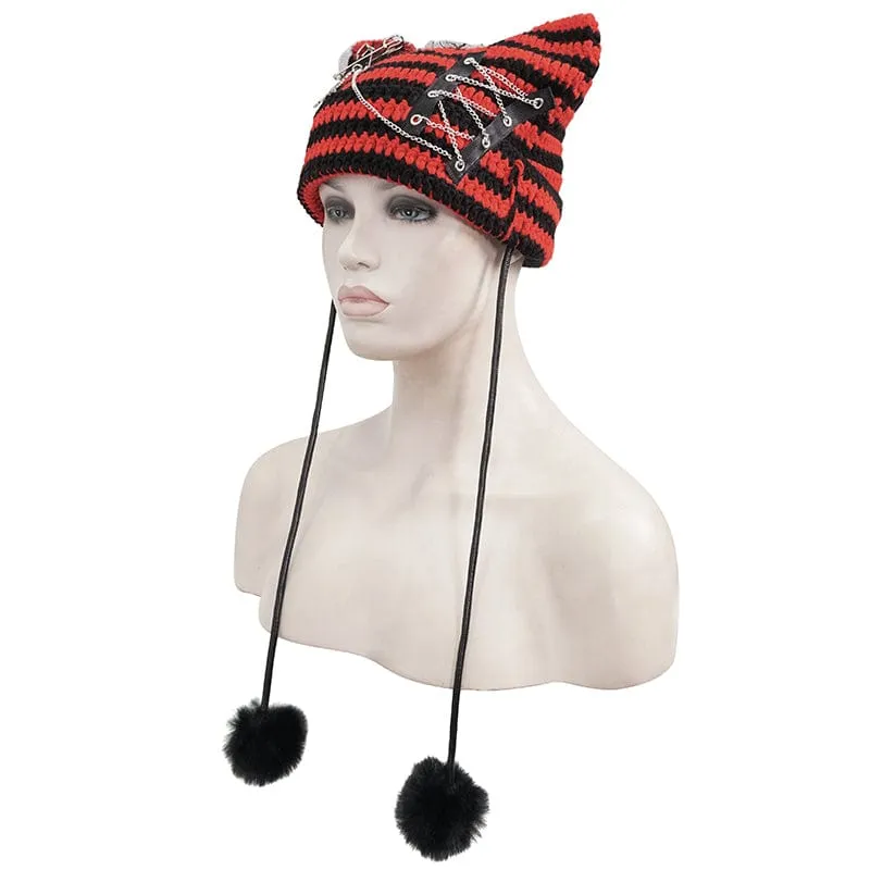 Women's Grunge Striped Pin Car Ears Beanie Red