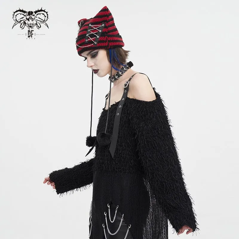 Women's Grunge Striped Pin Car Ears Beanie Red