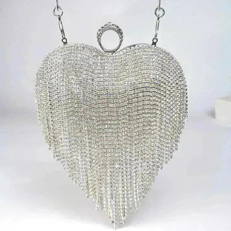 Women's Tassel Heart Shape Inlaid Diamond Handbag