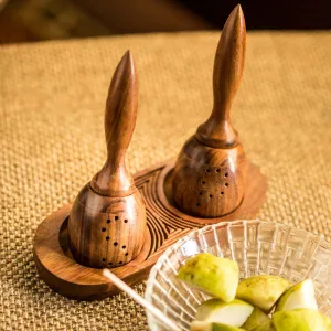 Wooden Salt & Pepper Shaker with Tray | Unique Slanting | Set of 3