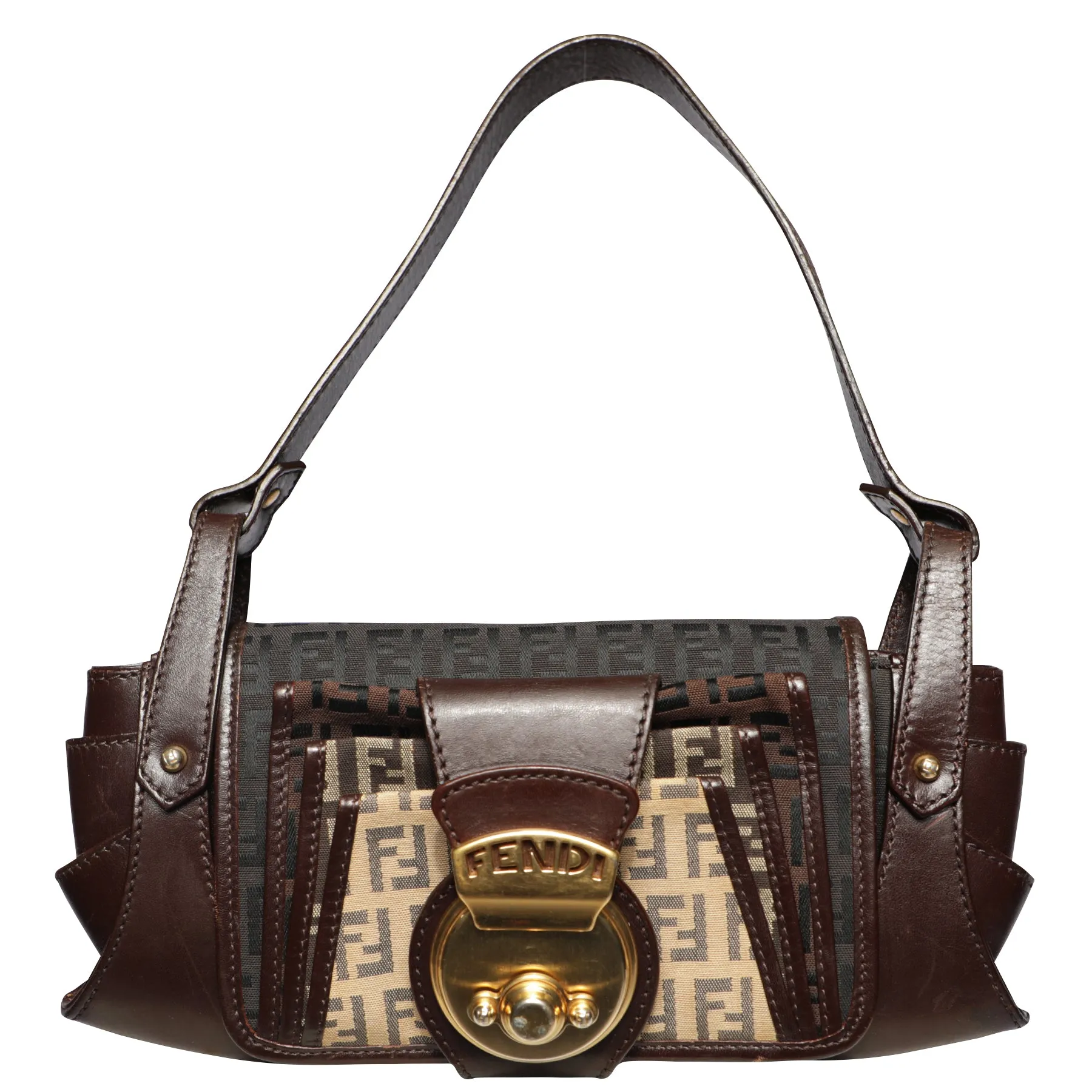 Y2K Fendi Zucchino Zucca FF Logo Leather Shoulder Bag