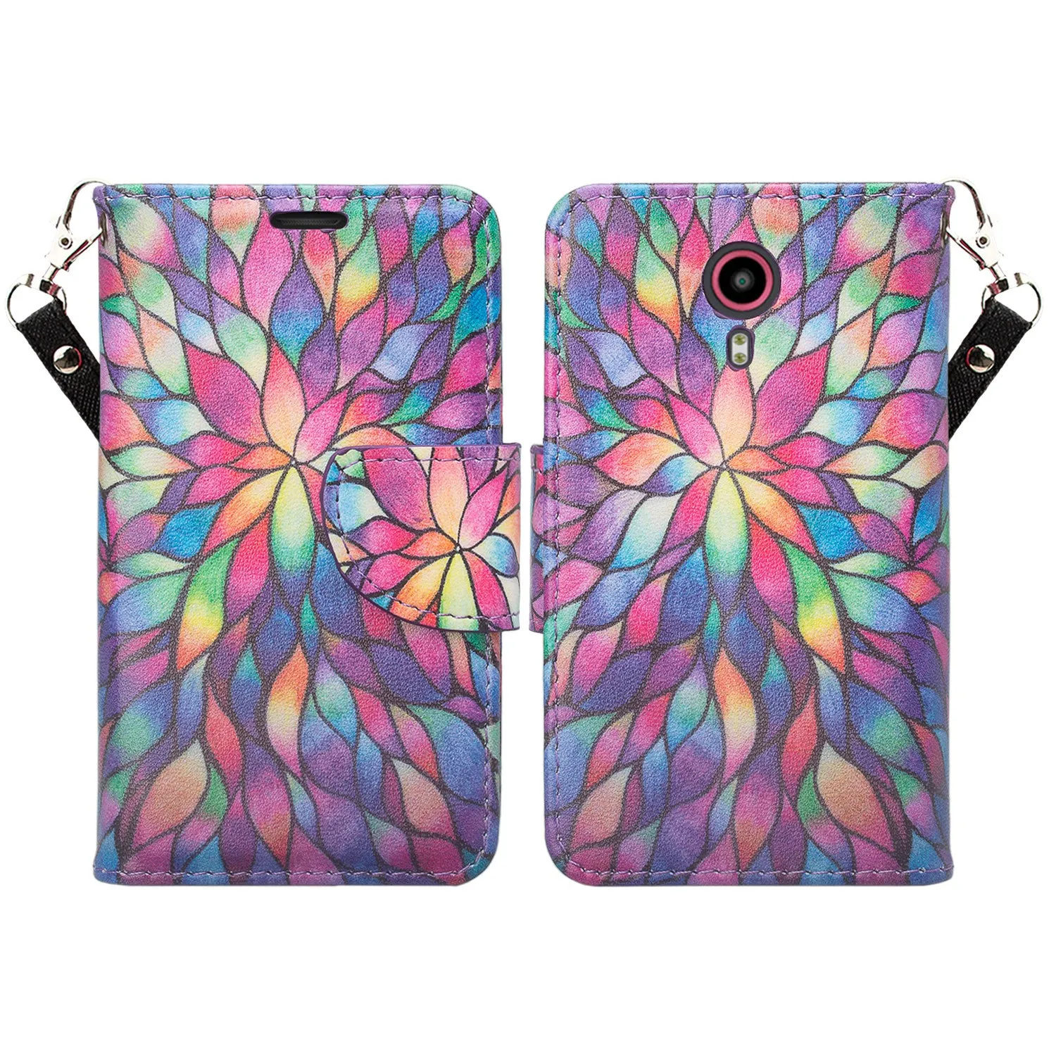 ZTE Ultra Case | ZTE Quest | ZTE Uhura Case, Wrist Strap Magnetic Flip Fold[Kickstand] Pu Leather Wallet Case with ID & Credit Card Slots for ZTE Ultra/Quest/Uhura - Rainbow Flower